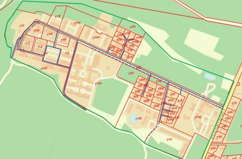 Vejklassifikation af Videbechs Allé. Private fællesveje er markeret med blå streg og private fællesstier med blå stiplet streg. Øvrige veje i grundejerforeningens område er private veje og stier (ikke særskilt markeret). Grundejerforeningens område er markeret med grøn streg.